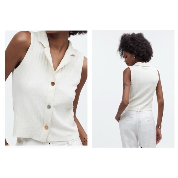 Madewell Top Women XL Cream Mixed Button Polo Tank Top NEW Ribbed Knit NP851 - Picture 1 of 8